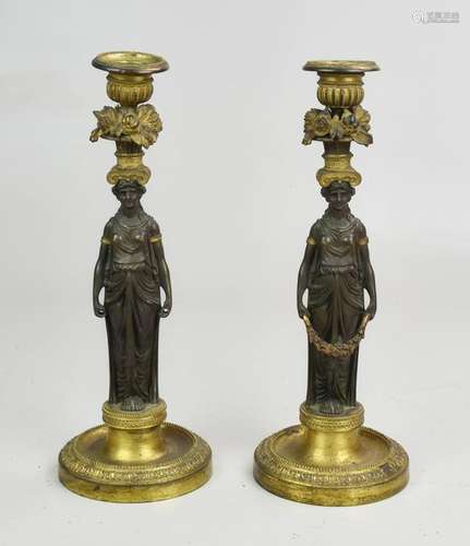 Pr Gilt Cast Bronze Figural Candlesticks