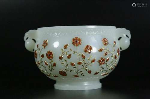 A white jade inlay ruby bowl