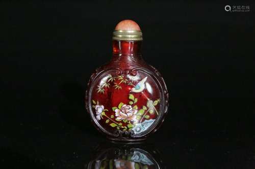 A red glass painted enamel 'flower' snuff bottle