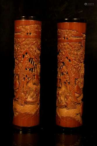 A pair of carved bamboo incense tube