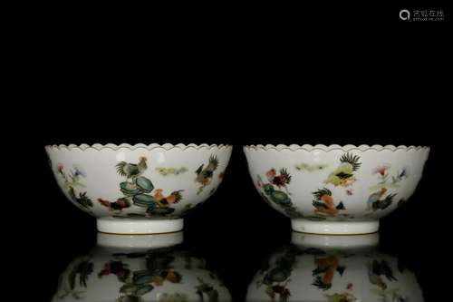 A pair of Chinese famlie-rose 'chicken' bowls