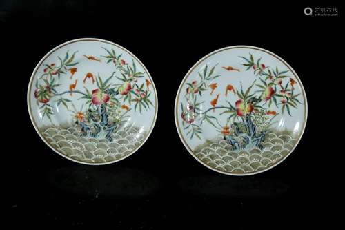 A pair of famil rose peach dishes