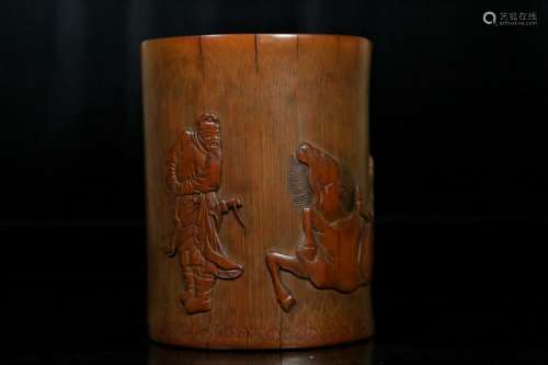 A bamboo carved 'horses' brush pot