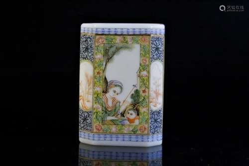 An painted-enamelled white glass brushpot
