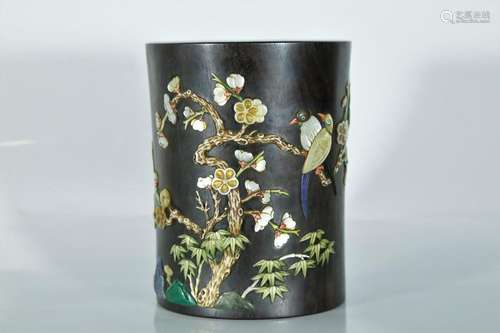 A zitanwood gems-inlaid brush pot