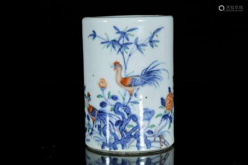 A blue and white and colour 'flower' brush pot