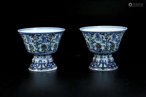 A pair of blue and white famile rose cups