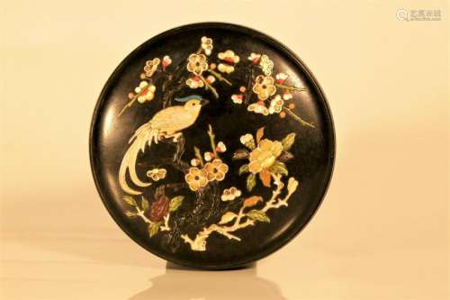 A zitanwood inlaid with gemstones 'flower and bird'
