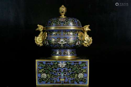 A gilt-bronze and cloisonne enamel  censer and cover