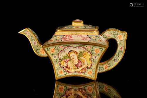 An painted-enamelled copper teapot