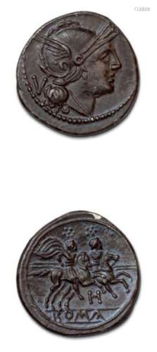 Quinaire (211 210 av. J. C.). Tête de Rome casquée…