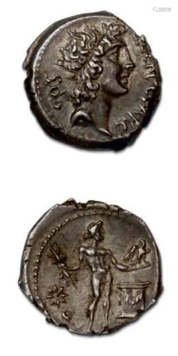 Denier (49 av. J C.). Tête d'Apollon à droite. R/ …