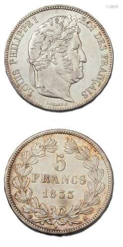 LOUIS PHILIPPE (1830 1848) 5 francs. 1833. Paris. …