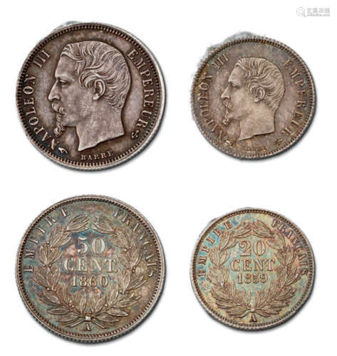 50 centimes: 2 exemplaires. 1860 Paris (tête nue) …