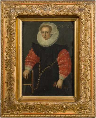 Frans II. Pourbus - Portrait einer jungen Dame, datiert 1592Öl auf Holz. Dreiviertelportrait einer