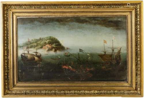 Gemälde Seeschlacht, Öl auf Holz, um 1600Darstellung einer Galeere, die von beiden Seiten von zwei