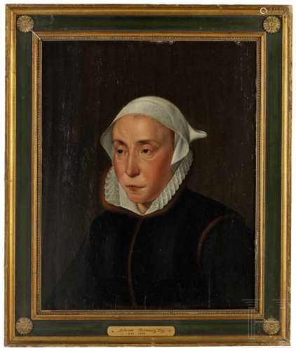 Flämische Schule, 17. Jhdt.Portrait einer Dame mit Haube und kleinem Mühlsteinkragen. Öl auf
