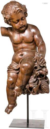 Barock-Skulptur eines Puttos, Mechelen oder Antwerpen, frühes 18. Jhdt.Eiche. Vollplastische,