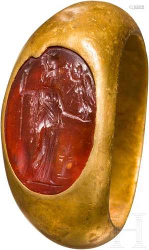 Goldring mit Minerva-Intaglio, römisch, 1. - 2. Jhdt.Großer ovaler Goldring mit in die