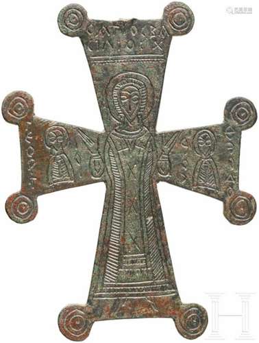 Kreuzanhänger, Bronze, mittelbyzantinisch, 9. - 11. Jhdt.Bronzekreuz mit Kreisen an den Ecken