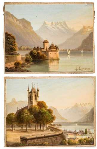 Zwei Landschaftsbilder, Schweiz, datiert 1885Jeweils Öl auf Karton. Detailliert und mehrfarbig