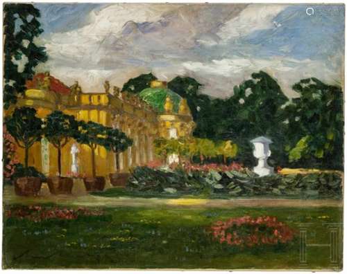 Impressionistische Parklandschaft mit Schloss, deutsch, um 1900Öl auf Leinwand. Pastos gemalte