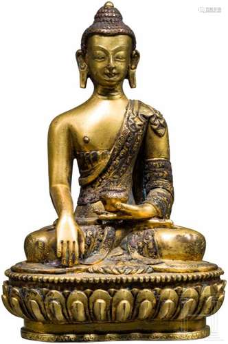 Vergoldeter Buddha, TibetBronze, vergoldet. Sitzender Buddha auf Lotusthron, in der linken Hand eine