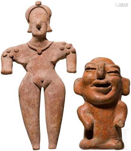 Weibliches Idol, Colima, Mexiko, 100 v. Chr. - 200 n. Chr., und eine groteske TerrakottafigurFlaches