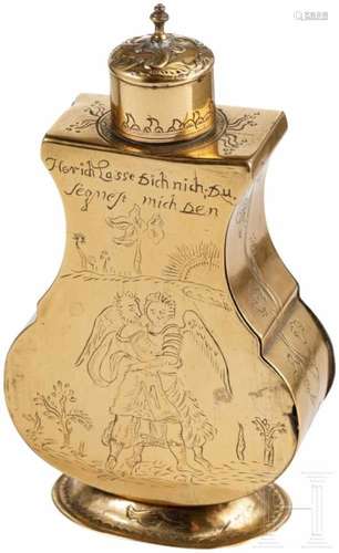 Kleine Barock-Weihwasserflasche, süddeutsch, Mitte 18. Jhdt.Auf ovalem, leicht erhöhtem Fuß der