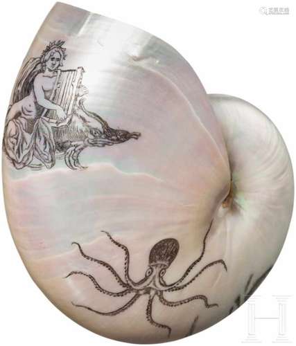 Fein graviertes Gehäuse einer Nautilus pompilius, wohl Dieppe, 19. Jhdt.Spiralförmiges Gehäuse,