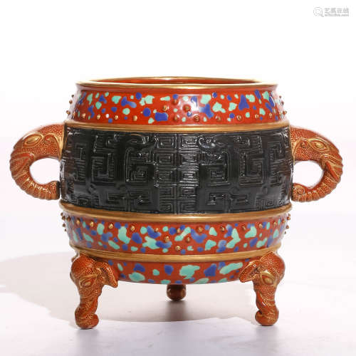 A Chinese Red Glazed Porcelain Incense Burner