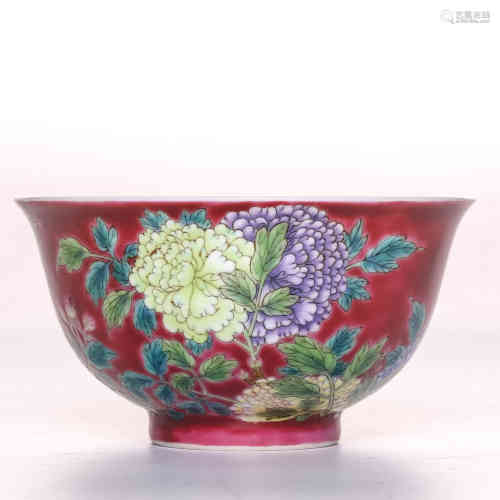 A Chinese Red Ground Famille-Rose Porcelain Bowl