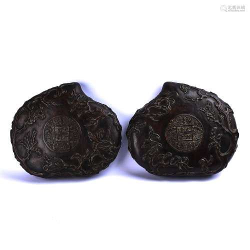 A Pair of Chinese Carved Hardwood Peach-Shape Boxes
