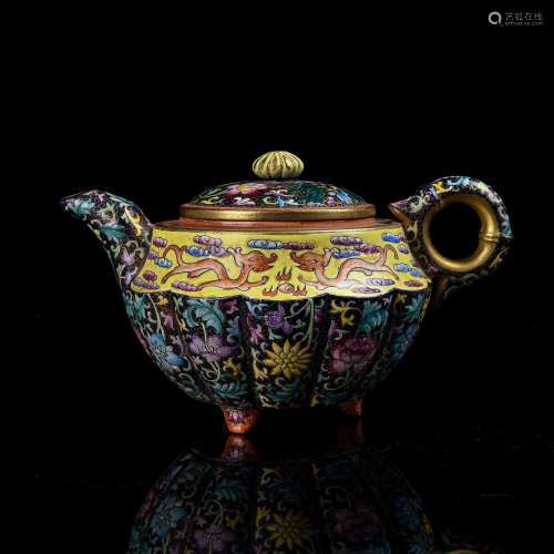 A Chinese Enamel Glazed Yixing Clay Tea Pot