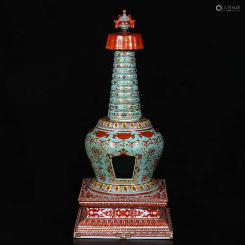 A Chinese Green Ground Famille-Rose Porcelain Buddhist Tower