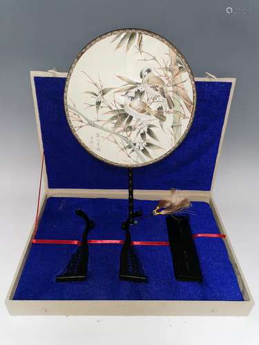 A Chinese Painting and Calligraphy on Silk Fan, Song Meiling/Jiang Zhongzheng Mark