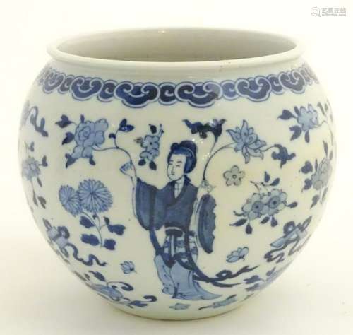A blue and white Oriental jardiniere, decorated with
