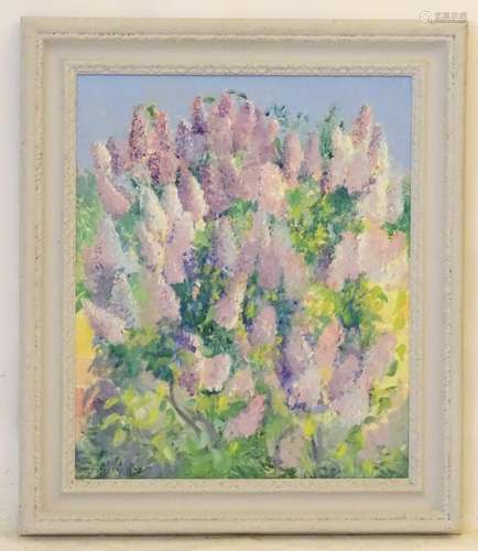 P Morley, 1992, Oil on canvas, A lupin bush, Signed and