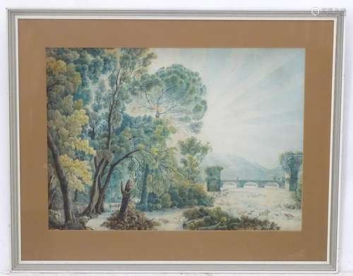 XIX, Italian School, Watercolour, A wooded river