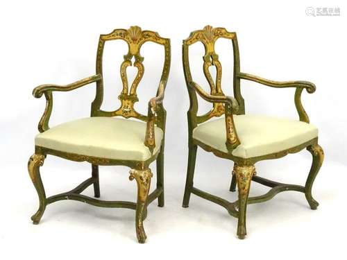 A pair of 18thC Venetian hand painted open armchairs,