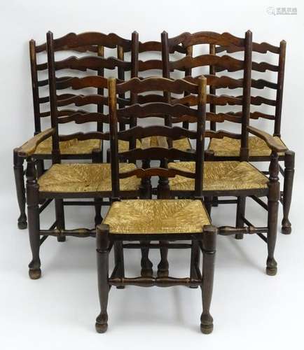 A set of six oak 19thC dining chairs with ladder backs