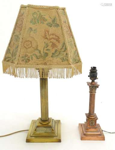 Two electric table lamps, one brass with a shade and