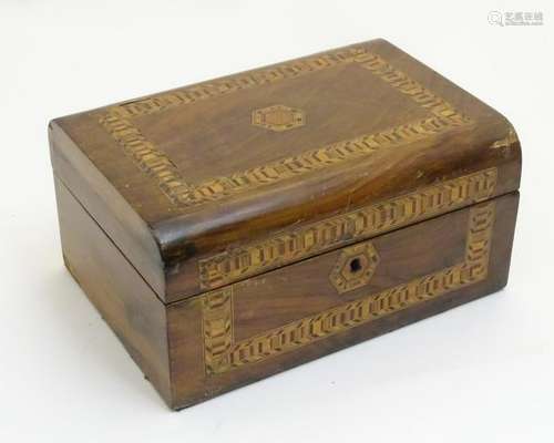 19thC Walnut Ladies Work box: a semi domed, marquetry