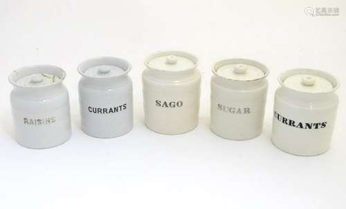 Mintons: Five vintage kitchen banded pots with lids,