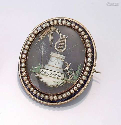Brooch with enamel, mother of pearl and cultured fresh