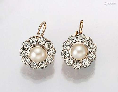 Pair of 14 kt gold earrings with cultured pearl and