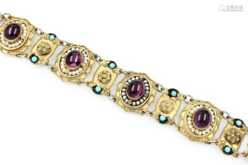 Bracelet with amethysts, turquoises and pearl