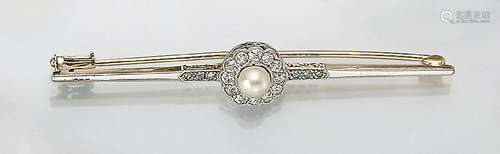 Bar brooch with cultured pearl and diamonds, german