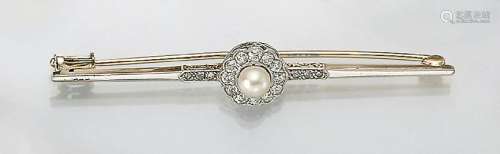 Bar brooch with cultured pearl and diamonds, german