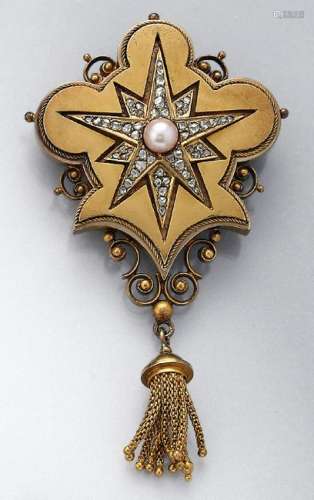 14 kt gold brooch with diamonds and pearl